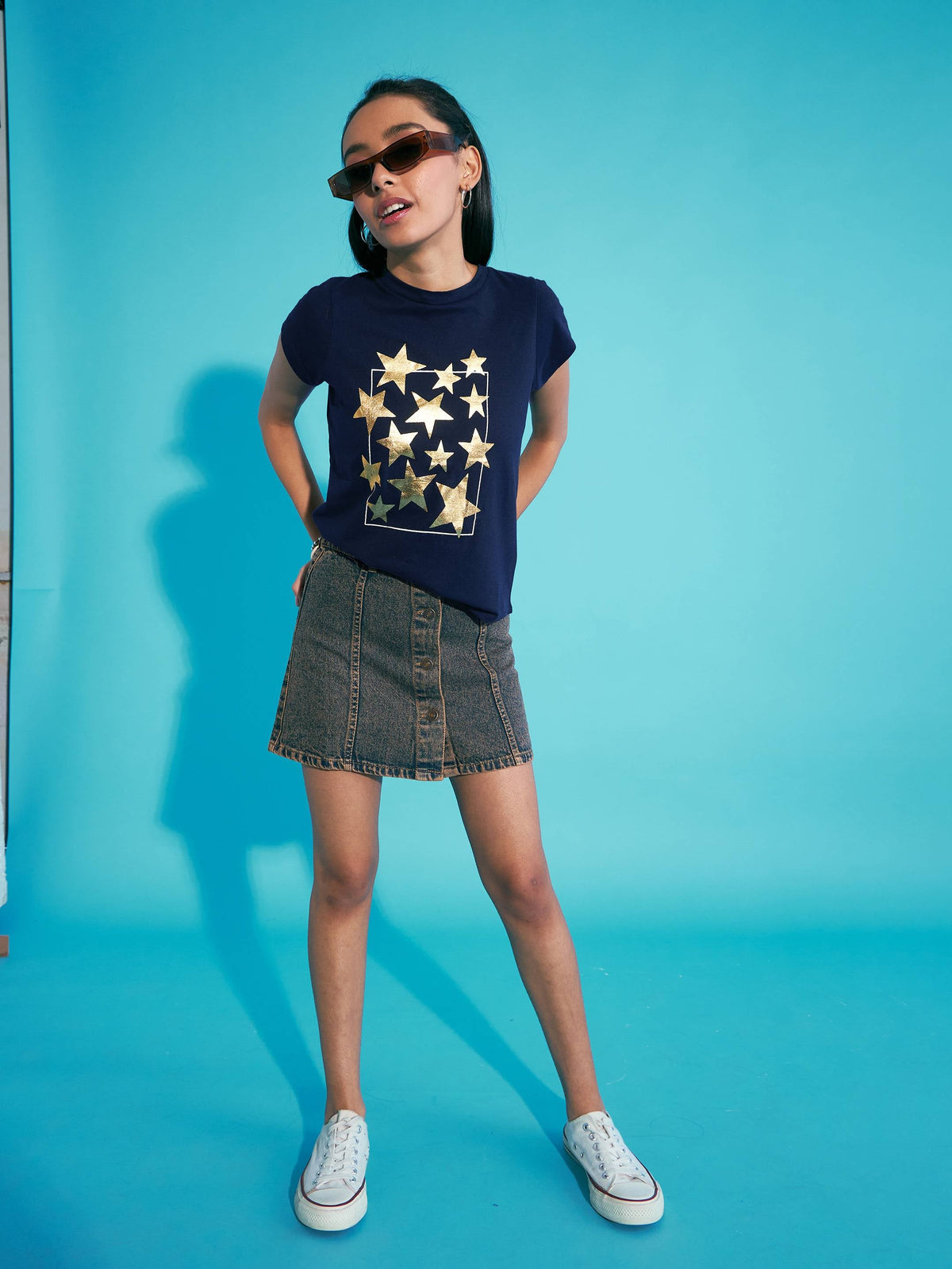 Navy Stars Print T-Shirt With Mini Skirt-Noh.Voh