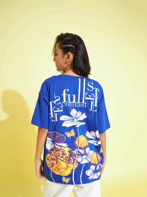 Girls Royal Blue Floral Print Oversized T-Shirt