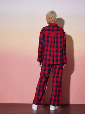 Women Red & Navy Check Shirt With Lounge Pants