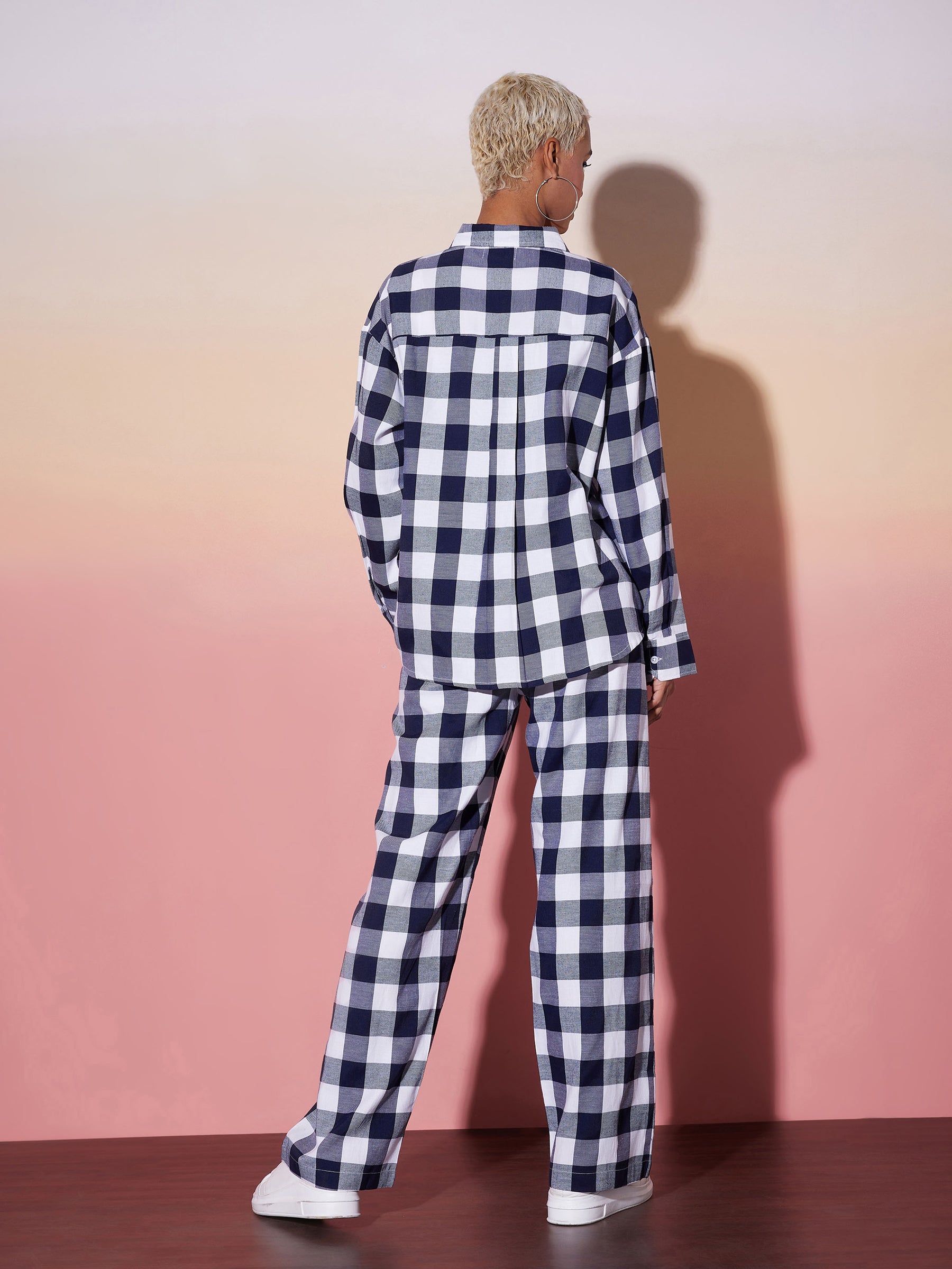 Women White & Navy Check Shirt With Lounge Pants