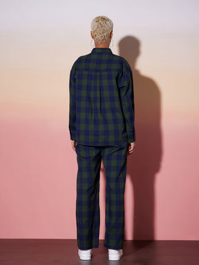 Women Green & Navy Check Shirt With Lounge Pants