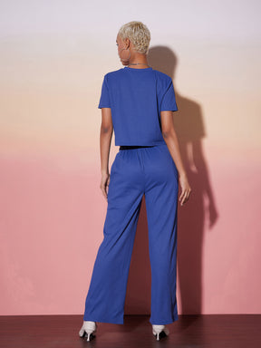 Women Blue Rib Crop Top With Straight Pants