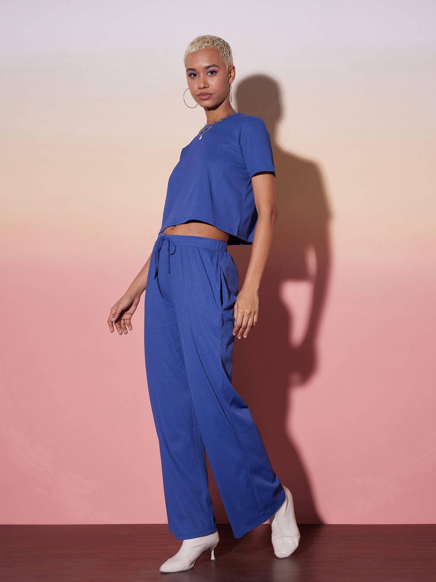 Women Blue Rib Crop Top With Straight Pants