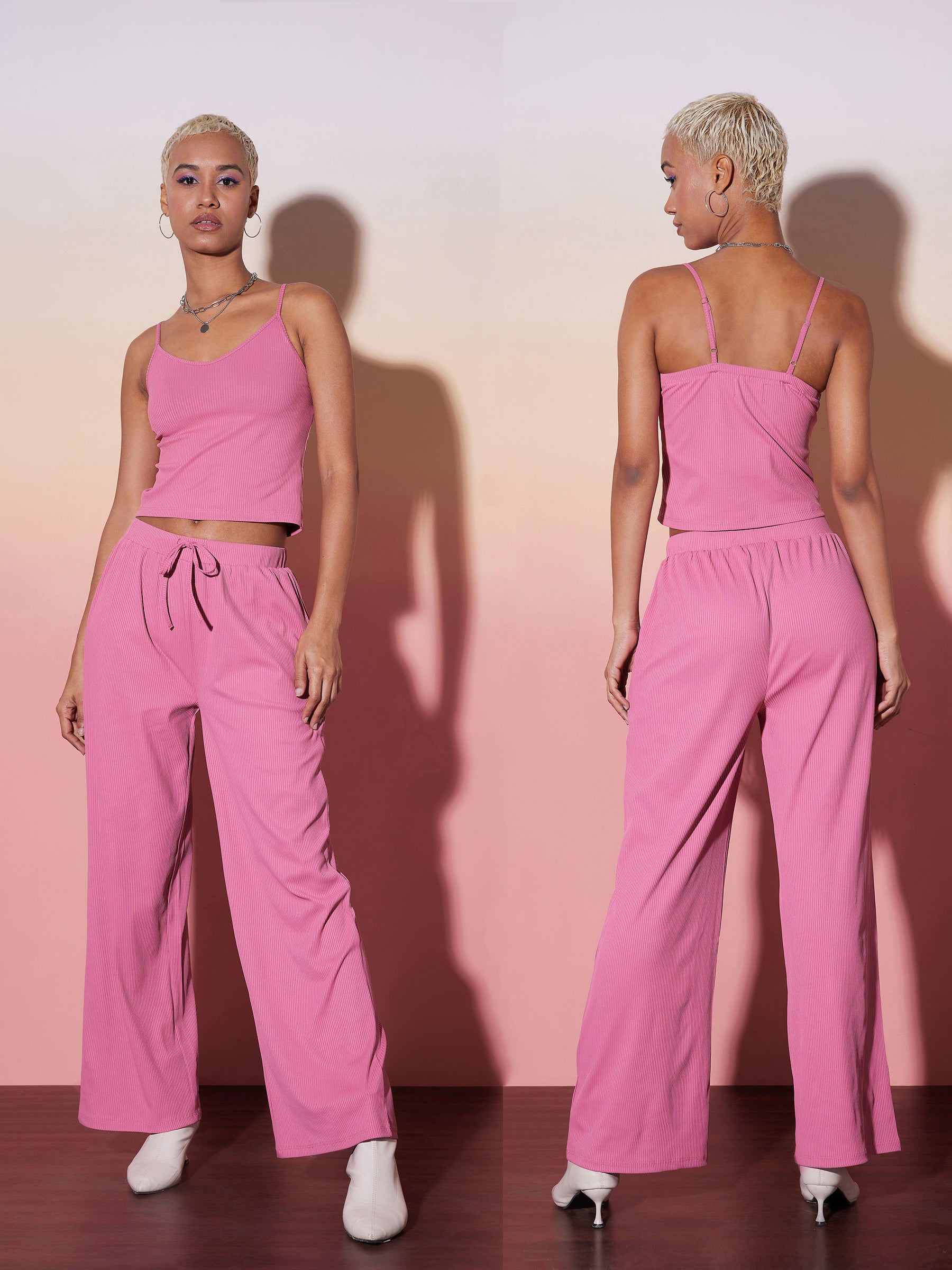 Women Pink Rib Strappy Top With Pants & Shrug
