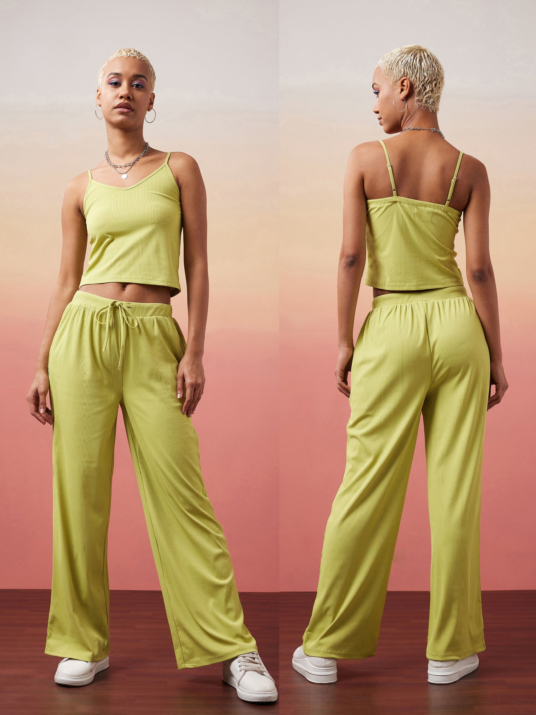 Women Green Rib Strappy Top With Pants & Shrug