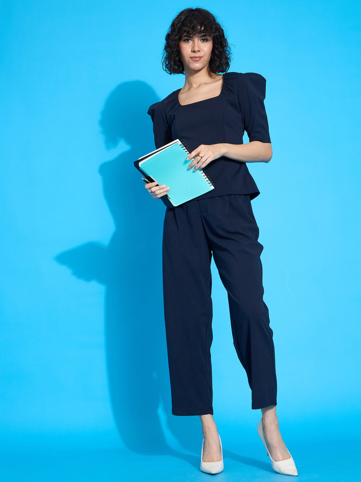 Navy Square Neck Puff Sleeve Top With Tapered Pants -SASSAFRAS worklyf