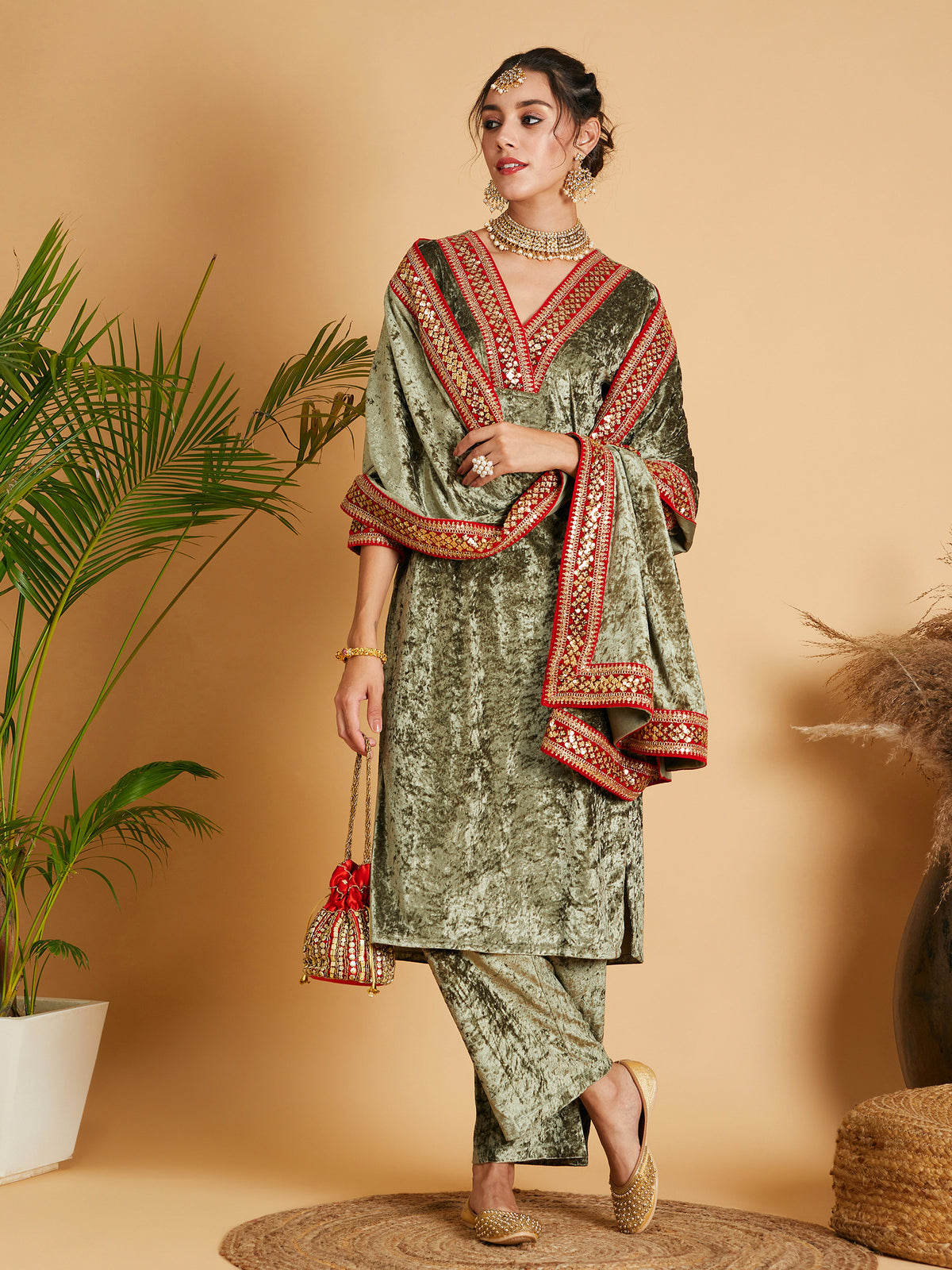 Women Olive Velvet Lace Detail Dushala