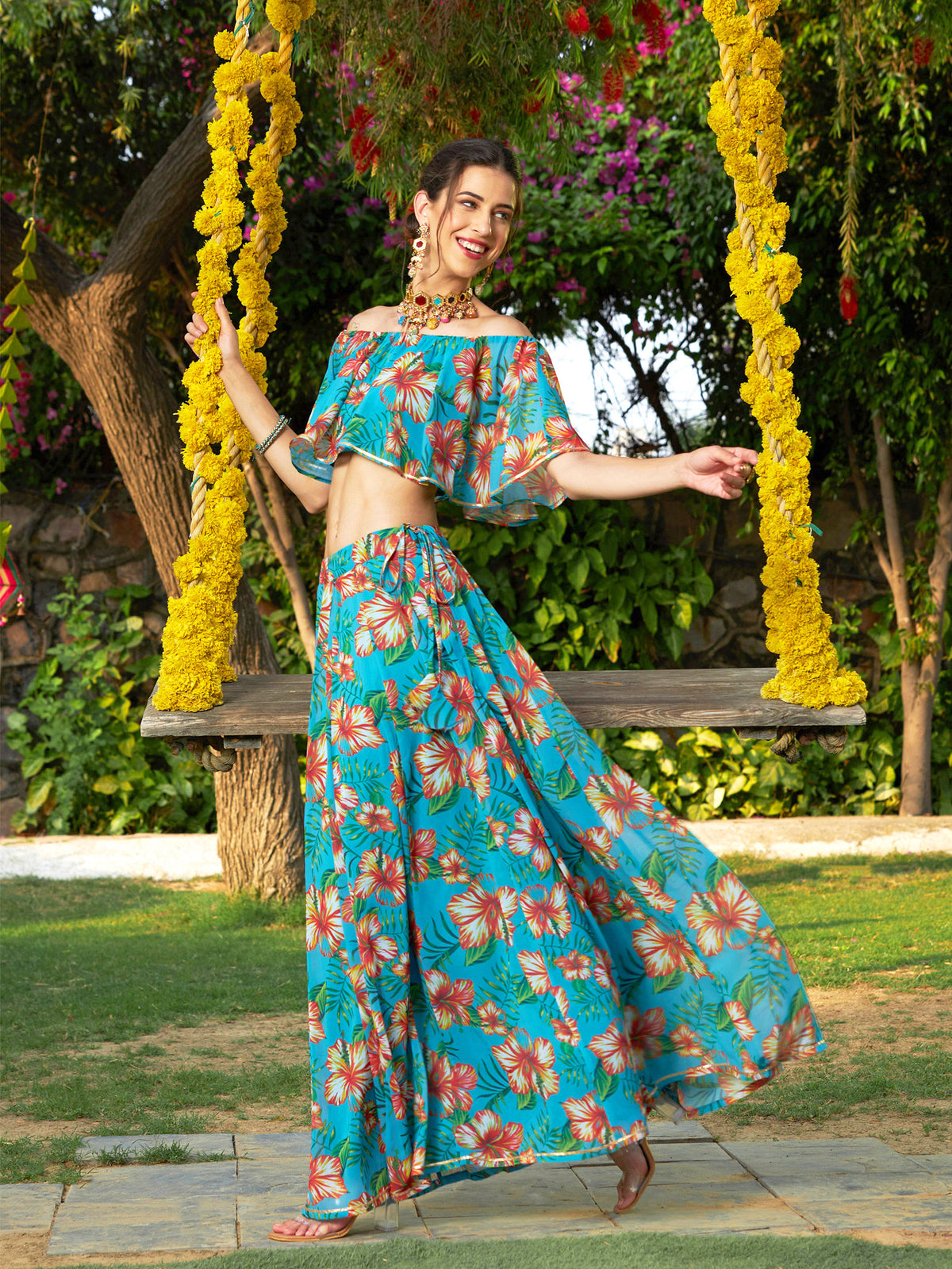 Women Teal Floral Off Shoulder Crop Top With Anarkali Skirt