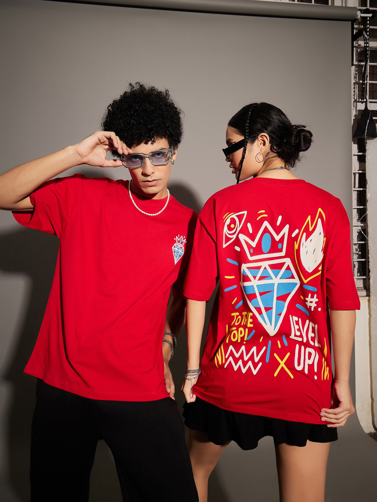 Unisex Red LEVEL UP Oversized T-Shirt-MASCLN SASSAFRAS