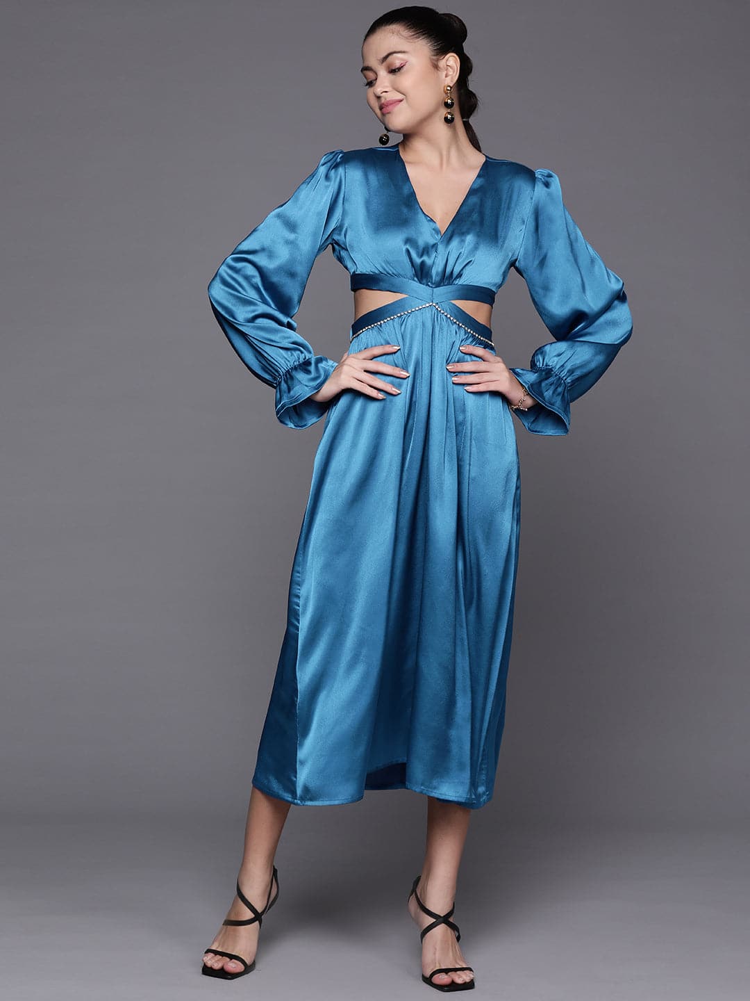 Blue Satin Look Midi Dress