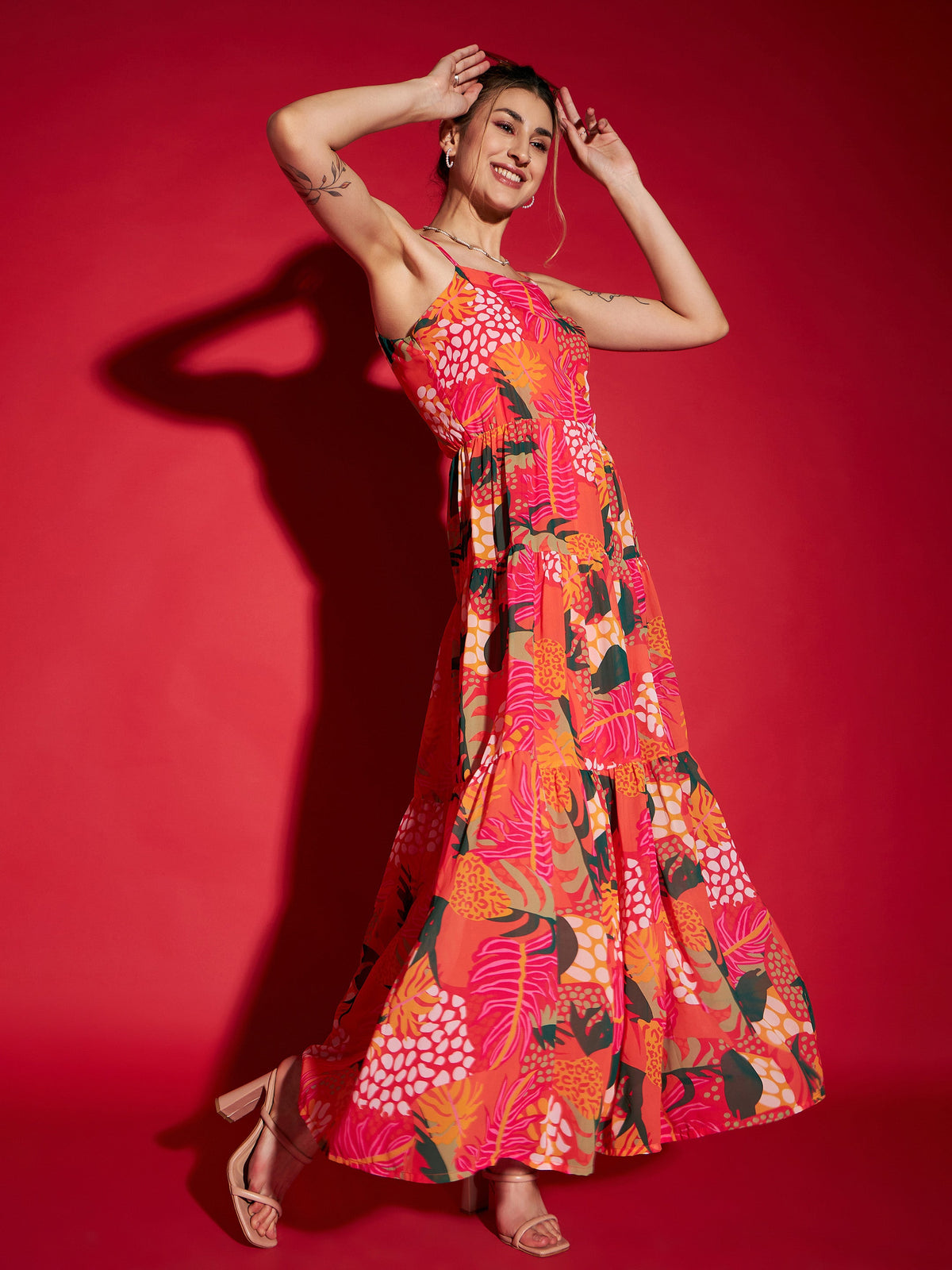 Magenta Floral Strappy Tiered Maxi Dress-SASSAFRAS