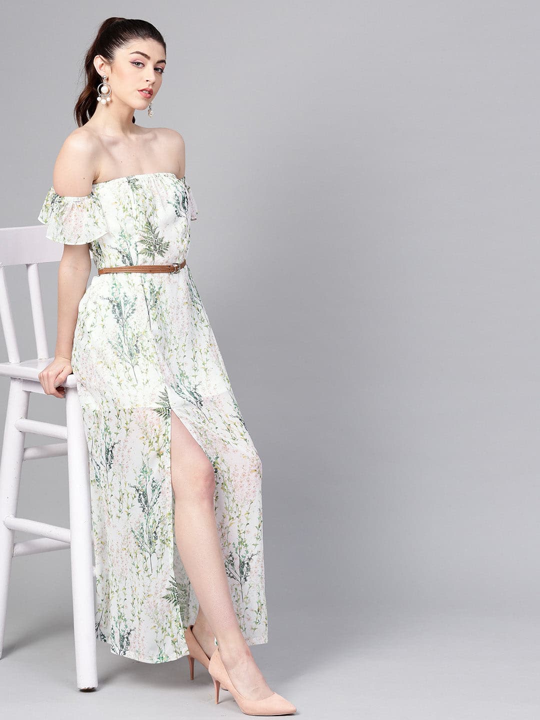 White floral off the shoulder maxi dress Clearance