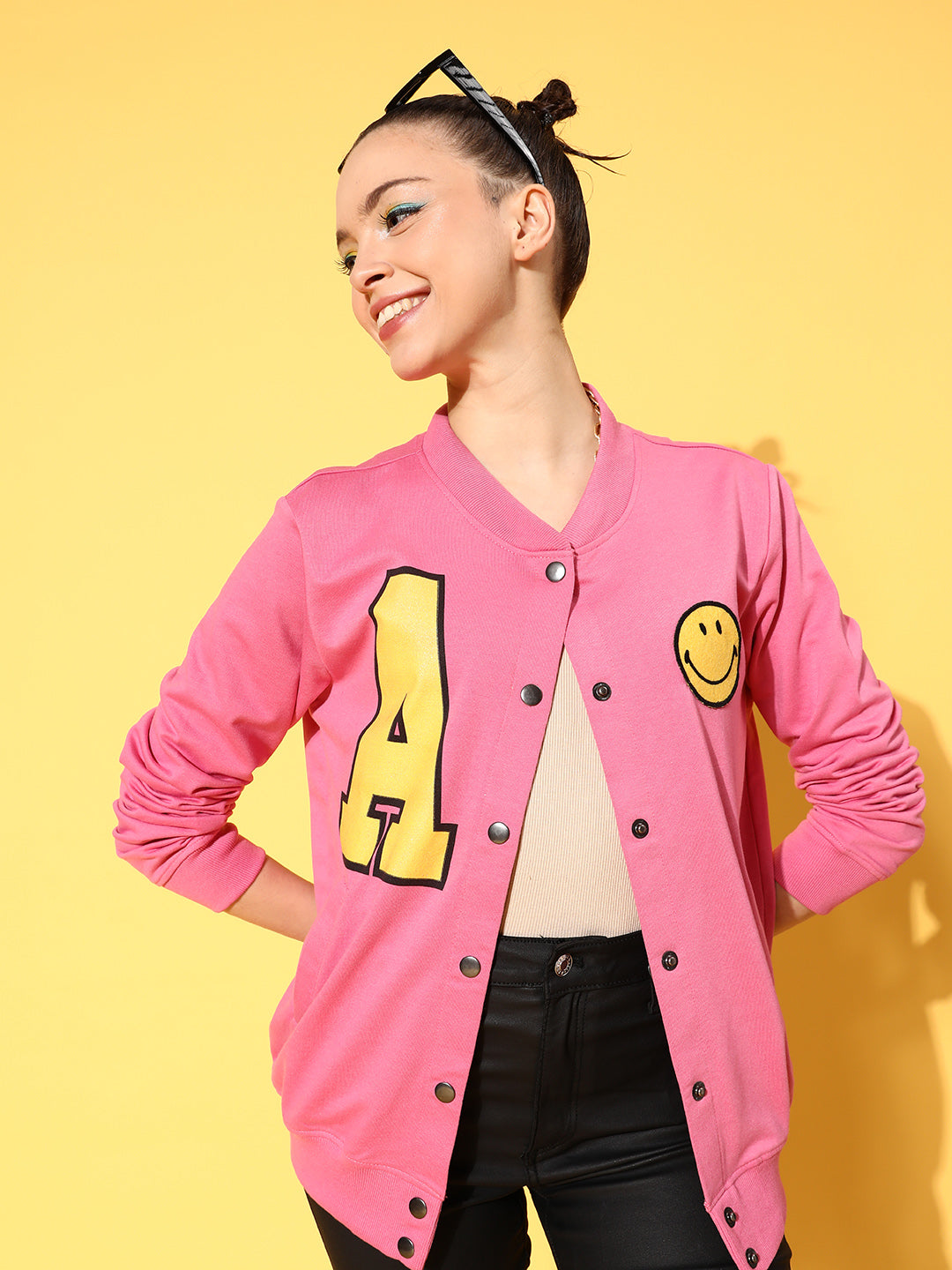 Women Pink Terry Smiley Patch Printed Varsity Jacket