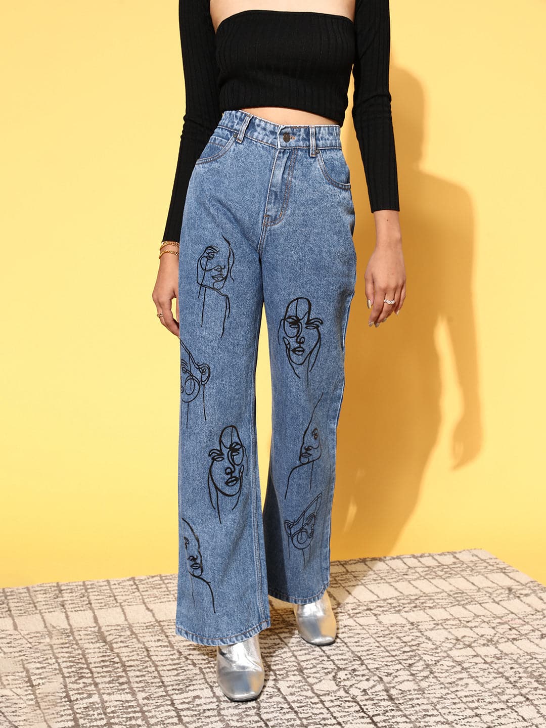 Buy Women Blue Line-Art Print Straight Jeans Online at Sassafras