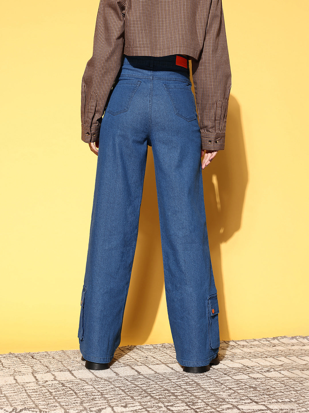 Women Blue Hem Pocket Stretch Straight Jeans