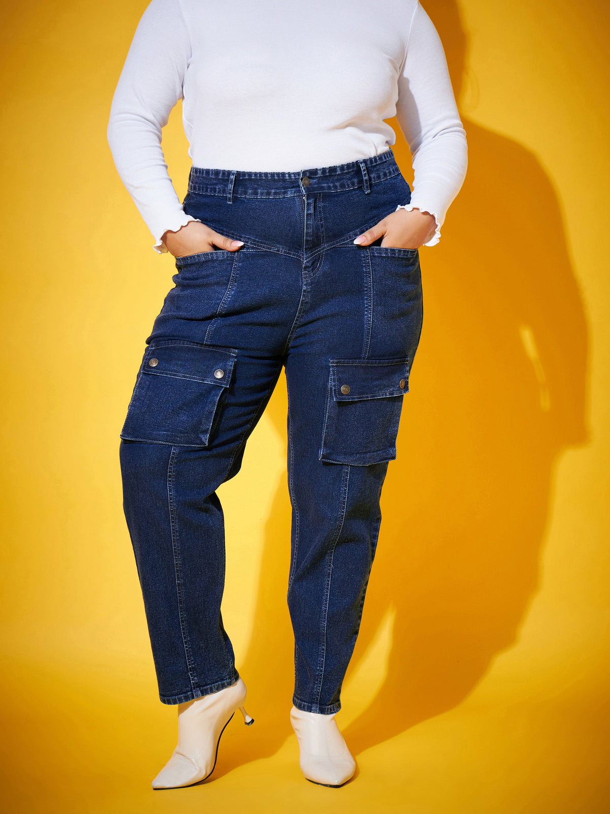 Navy Wash Front Patch Pocket Jeans-SASSAFRAS Curve