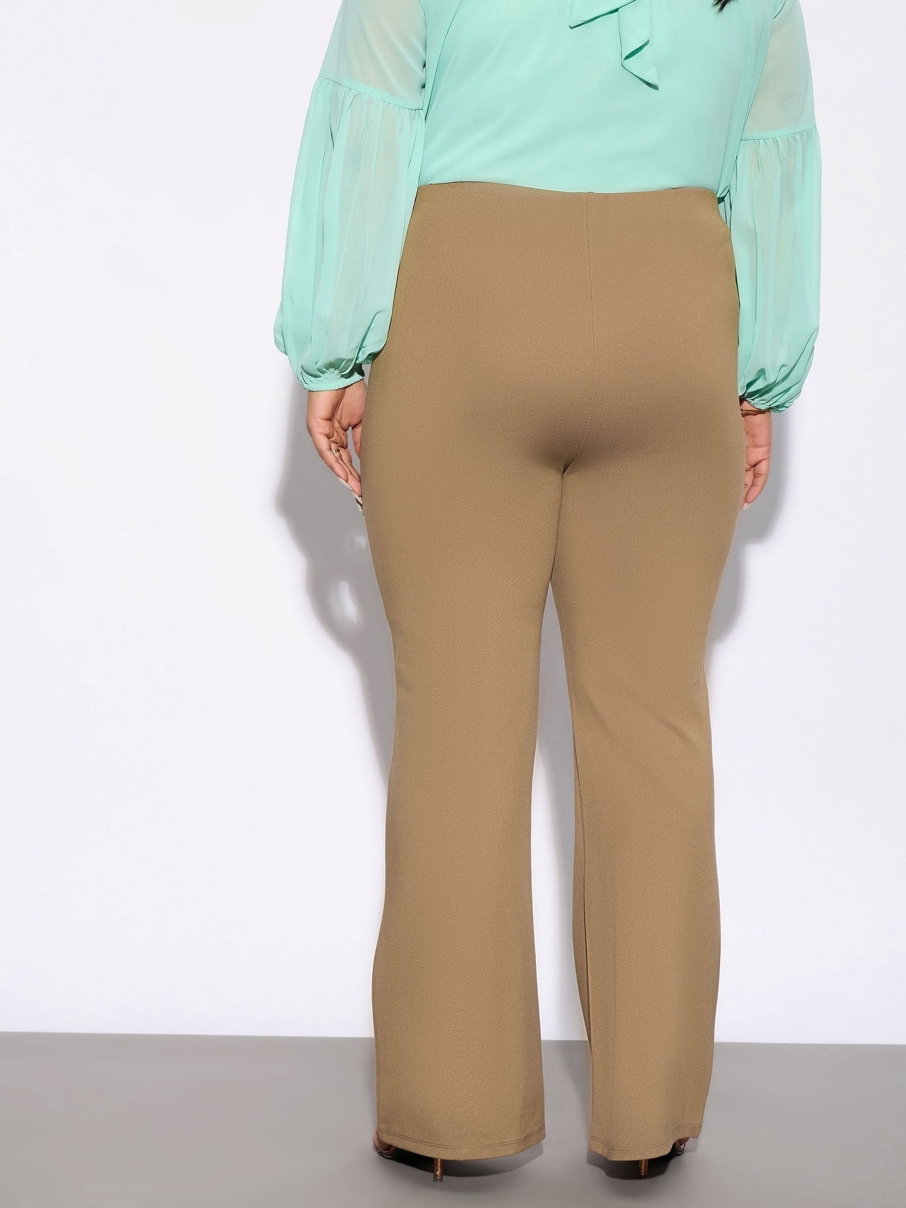 Beige Bell Bottom Stretch Trousers-SASSAFRAS Curve