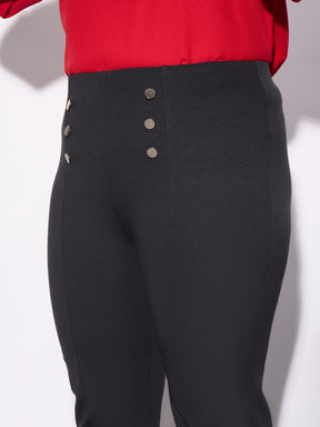 Grey Mock Button Detail Bell Bottom Trousers-SASSAFRAS Curve