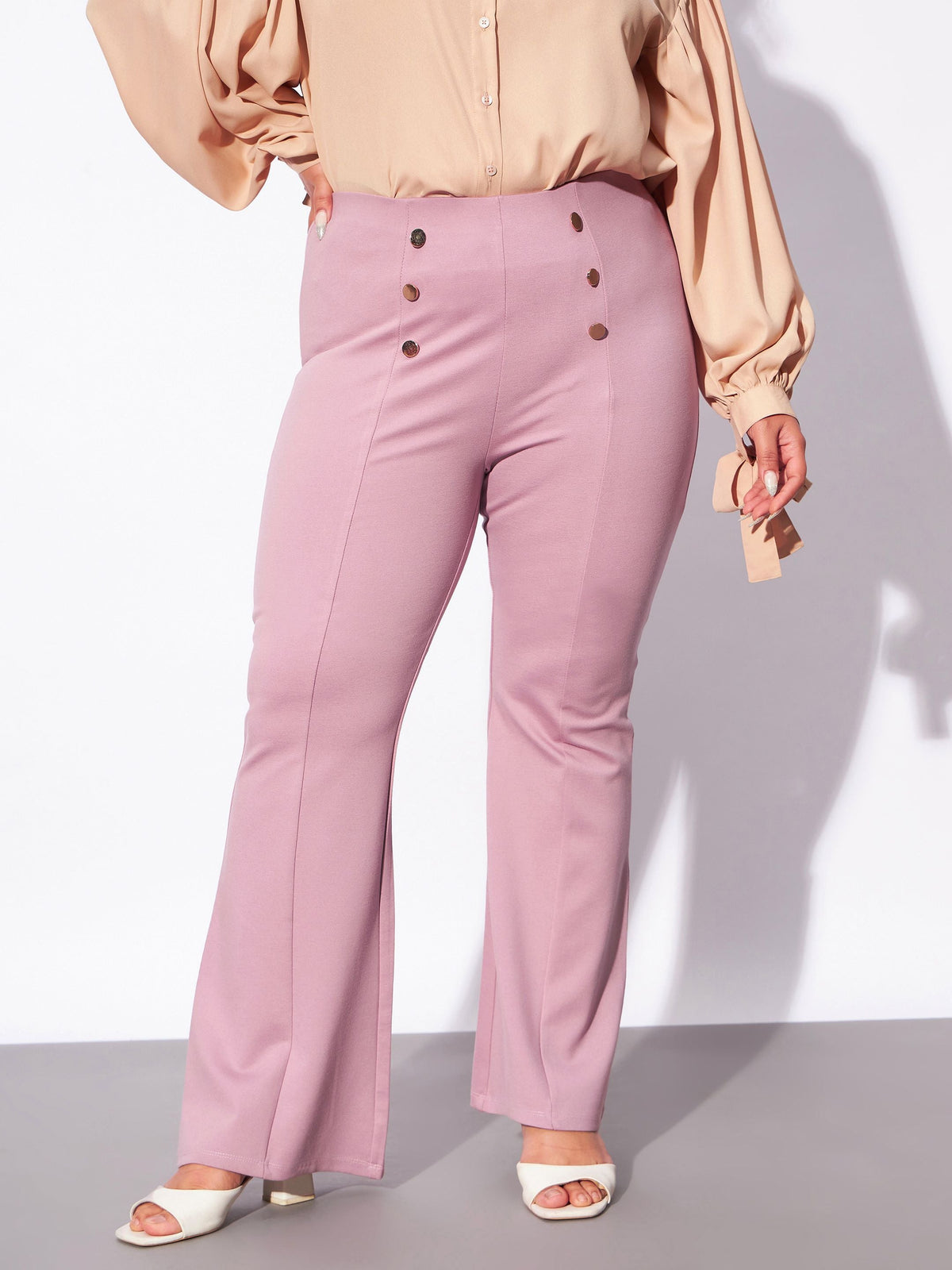 Pale Pink Mock Button Detail Bell Bottom Trousers-SASSAFRAS Curve