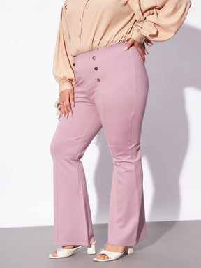 Pale Pink Mock Button Detail Bell Bottom Trousers-SASSAFRAS Curve
