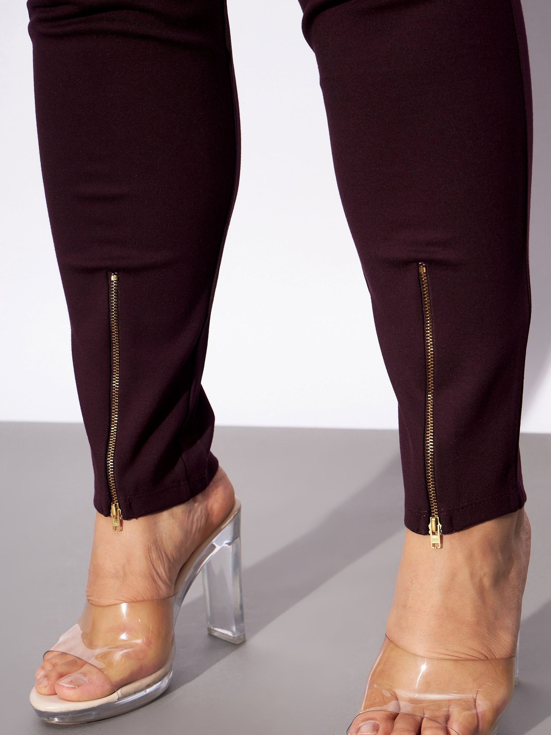 Burgundy Metal Zipper Hem Detail Pants-SASSAFRAS Curve