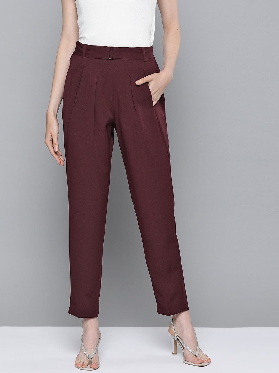 Buy Women Burgundy Front Pleat Tapered Pants Online At Best Price