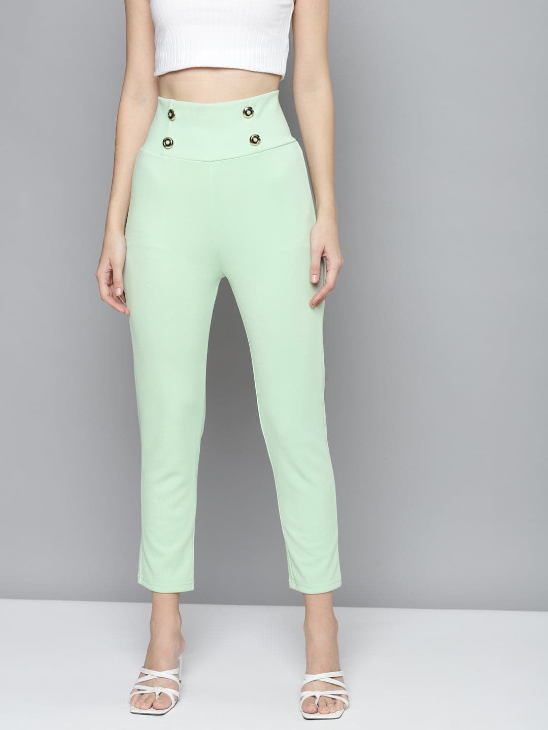Buy Women Mint Green Scuba Front Button High Waist Pants Online At