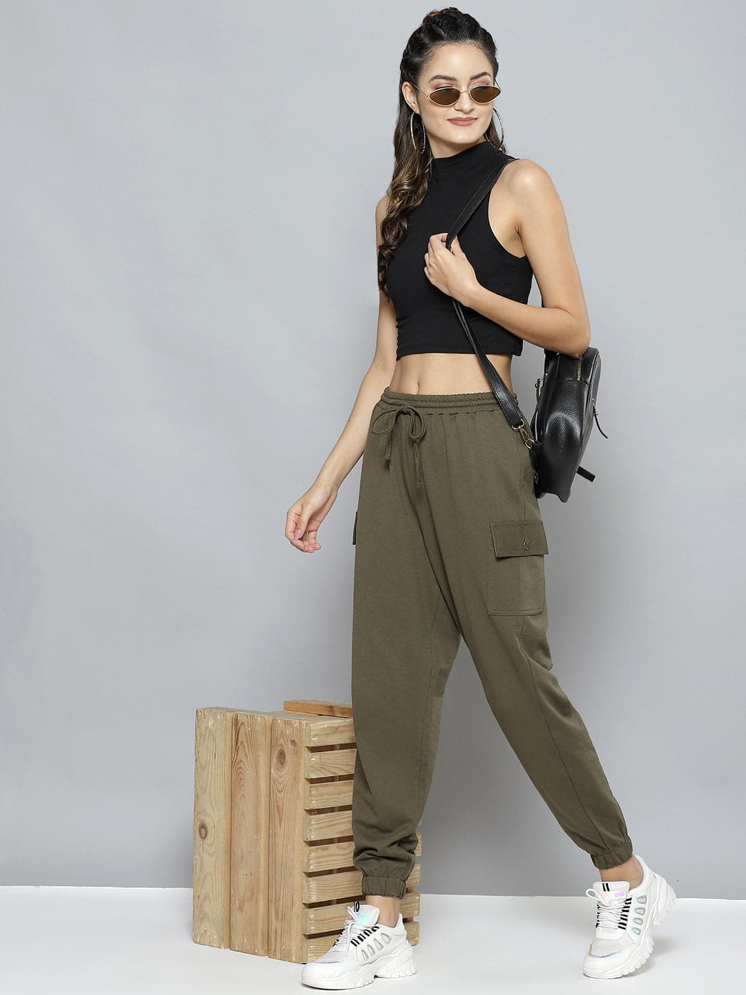 Women Olive Terry Side Pocket Joggers