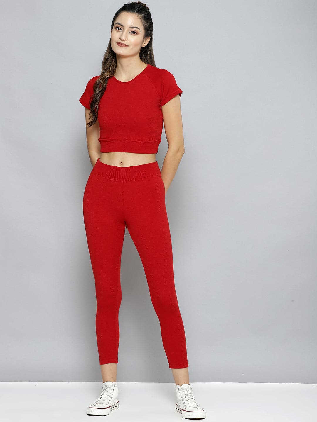 Buy Women Red Rib ACTIVE Crop Top With Tights Online at Sassafras