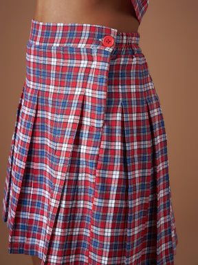 Red Yarndyed Check Crop Shirt With Mini Skirt-SASSAFRAS