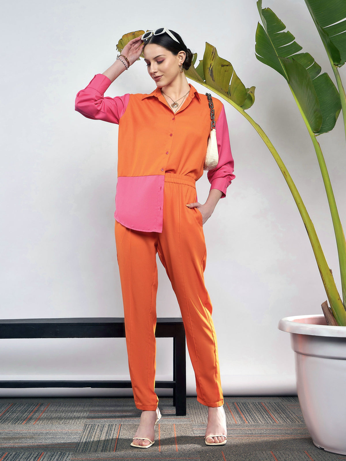 Orange & Pink ColorBlock Shirt With Darted Pants -SASSAFRAS