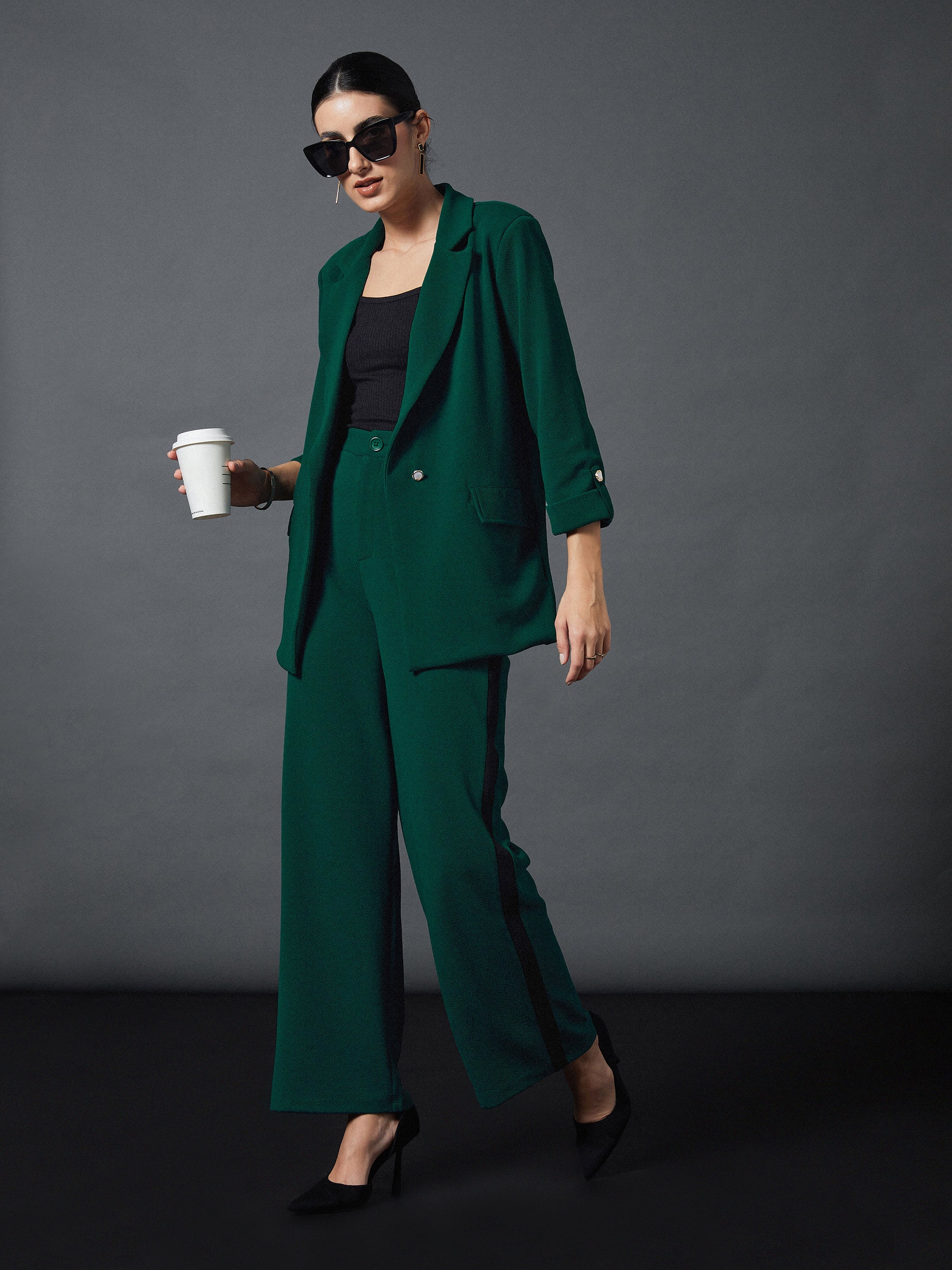 Women Emerald Front Button Blazer with Straight Pants