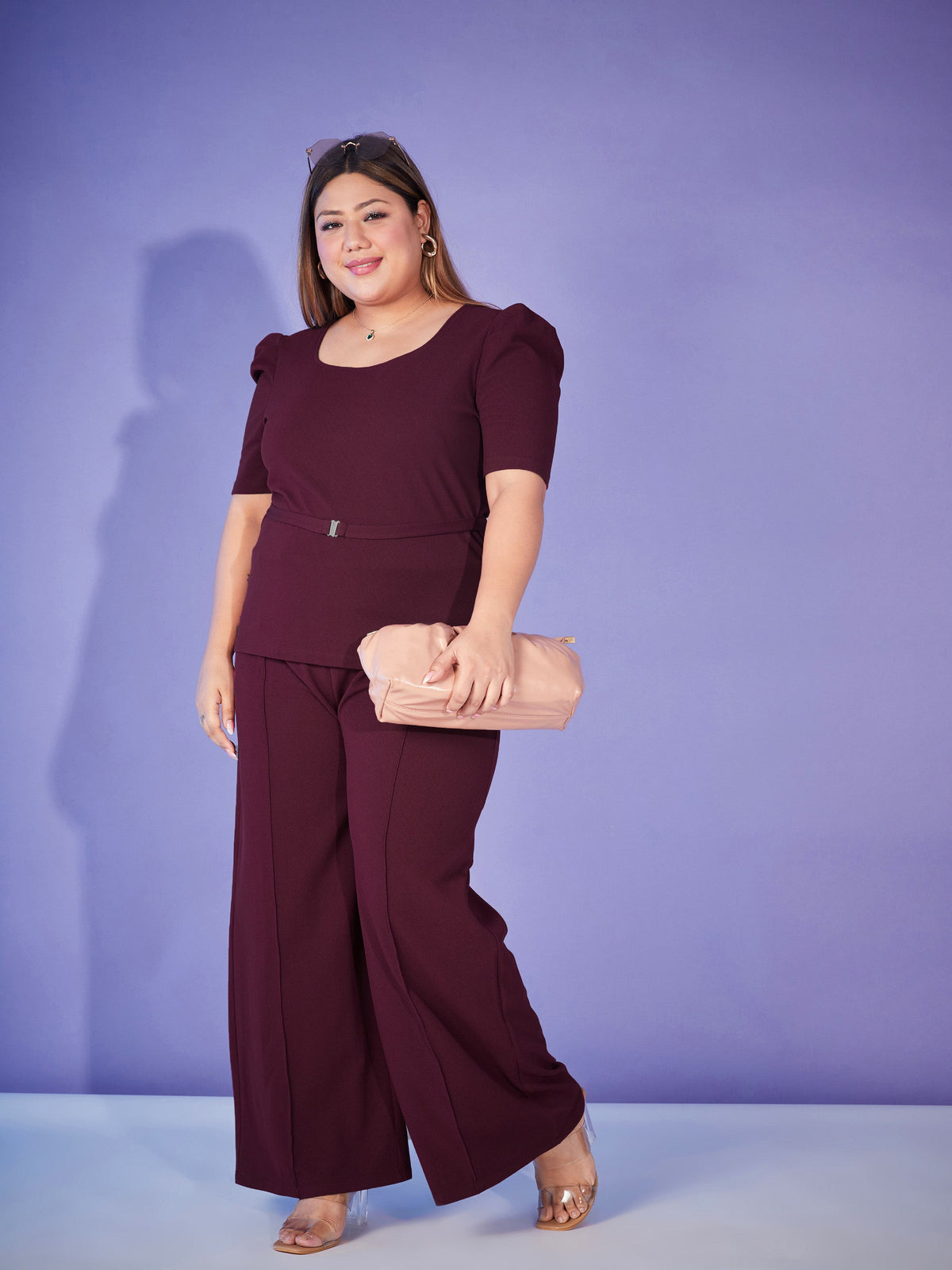 Burgundy Belted Top With Bell Bottom Pants-SASSAFRAS Curve