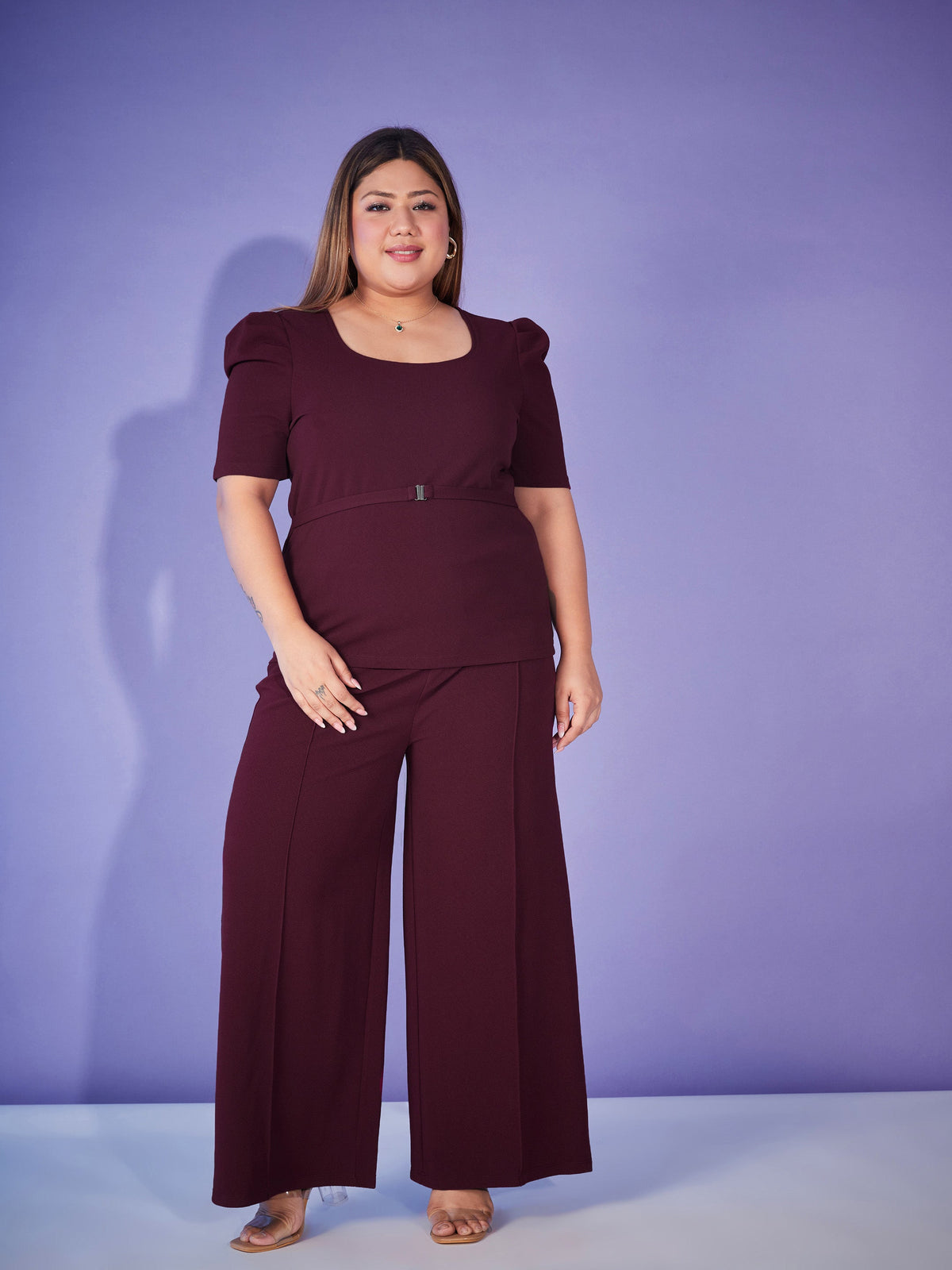 Burgundy Belted Top With Bell Bottom Pants-SASSAFRAS Curve