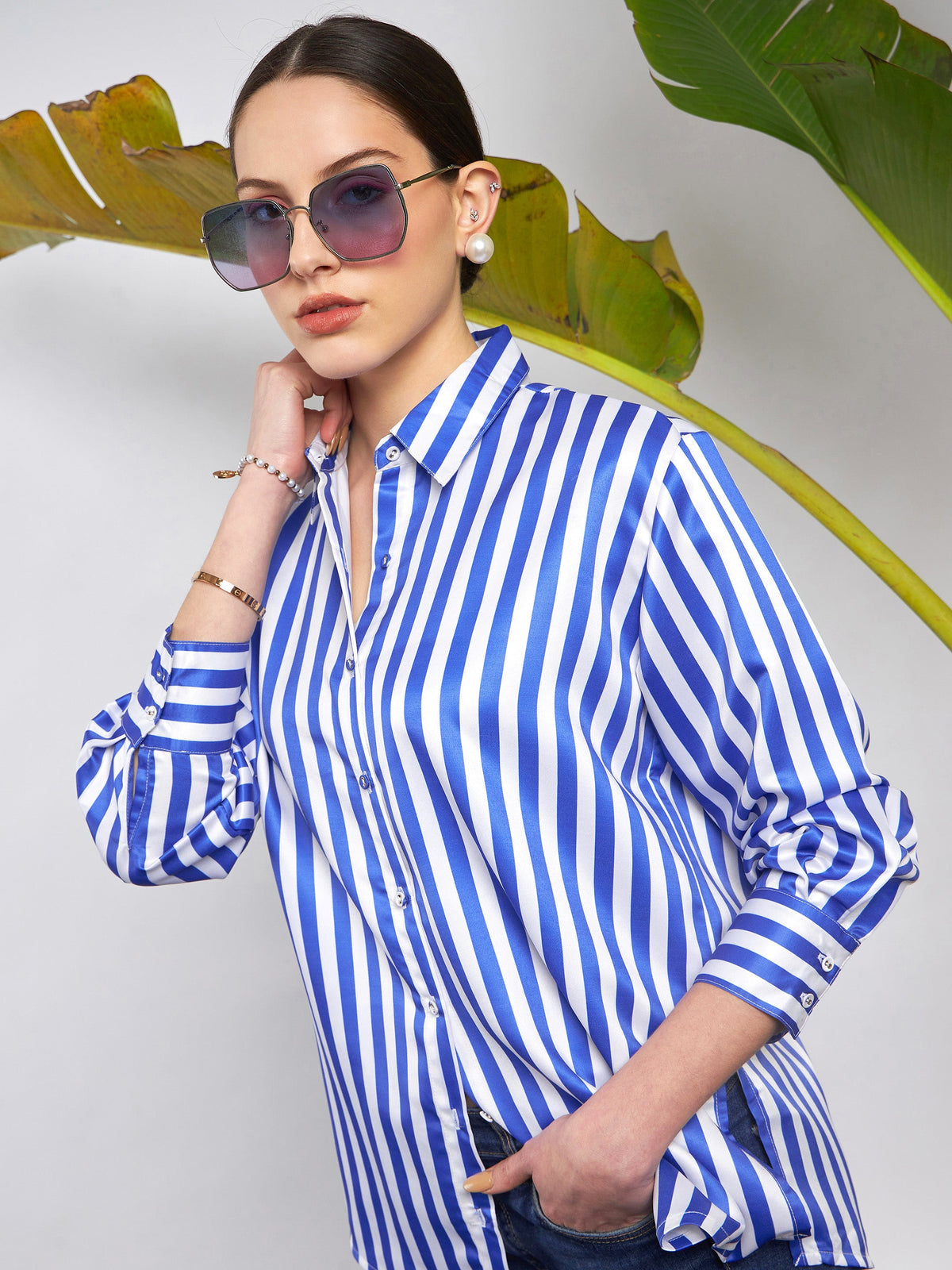 Blue & White Satin Striped Shirt-SASSAFRAS