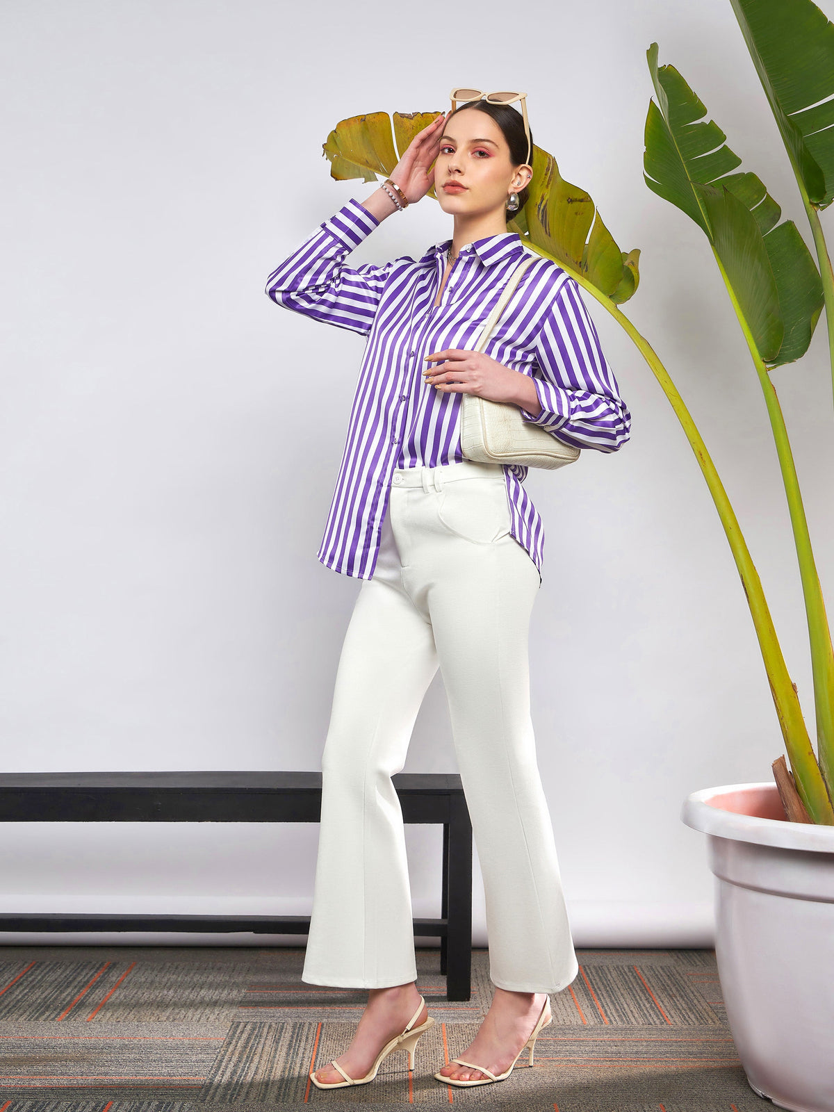 Purple & White Satin Striped Shirt-SASSAFRAS