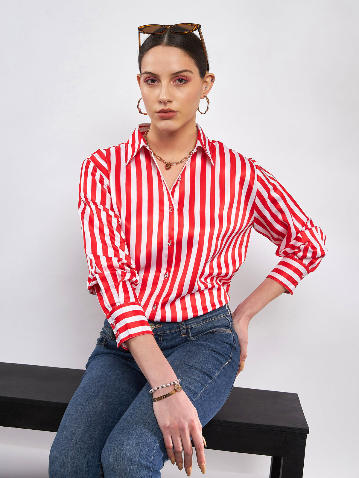 Red & White Satin Striped Shirt -SASSAFRAS