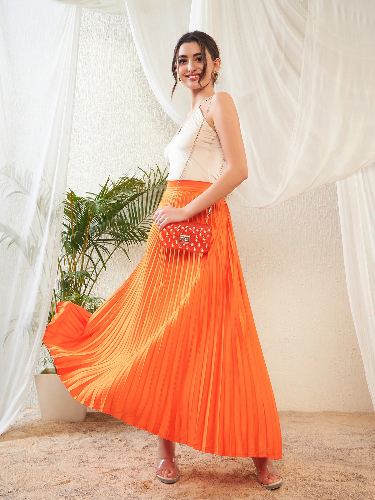 Orange Satin Accordion Pleated Maxi Skirt-SASSAFRAS