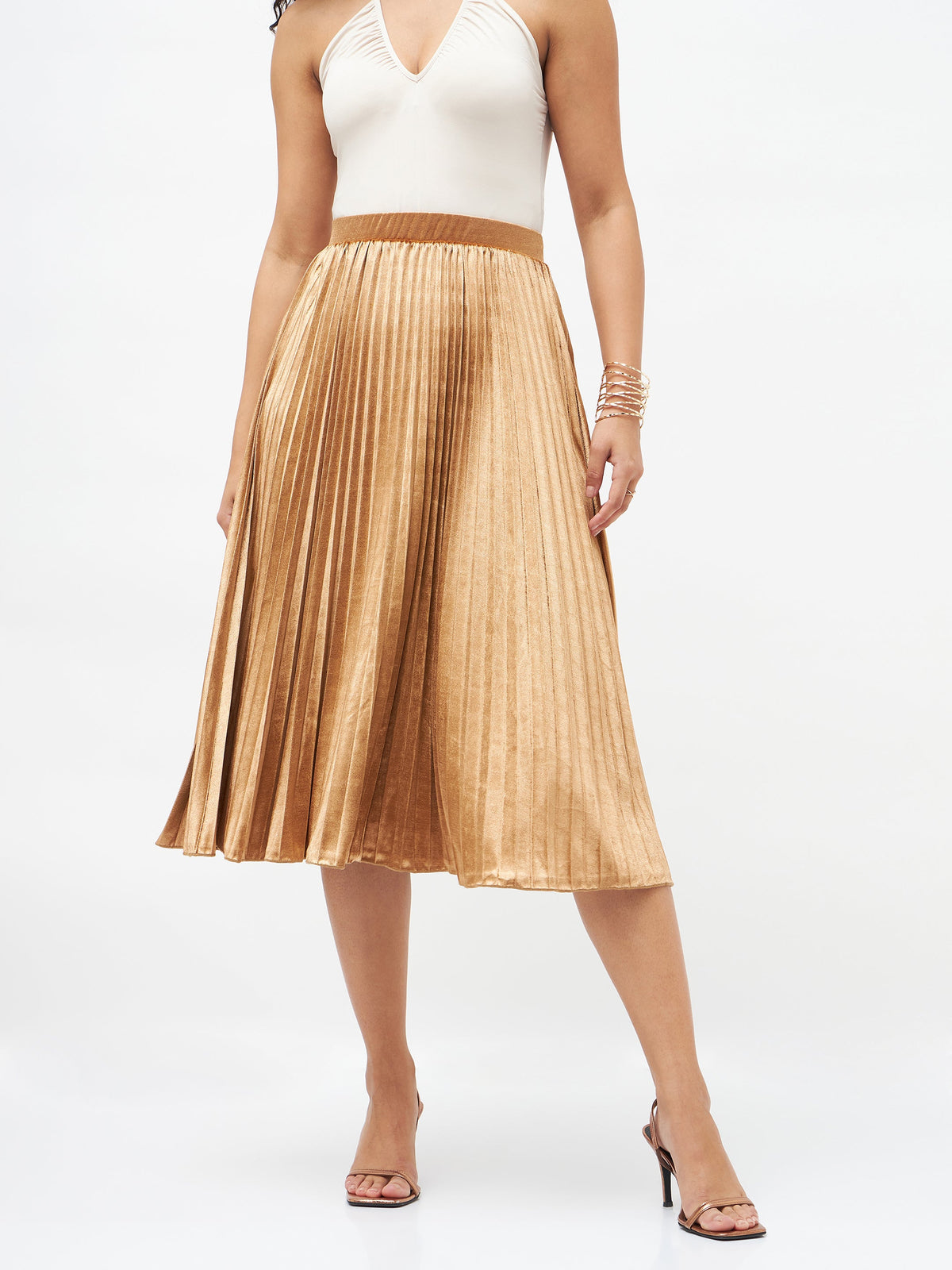 Gold Velvet Pleated Skirt-SASSAFRAS