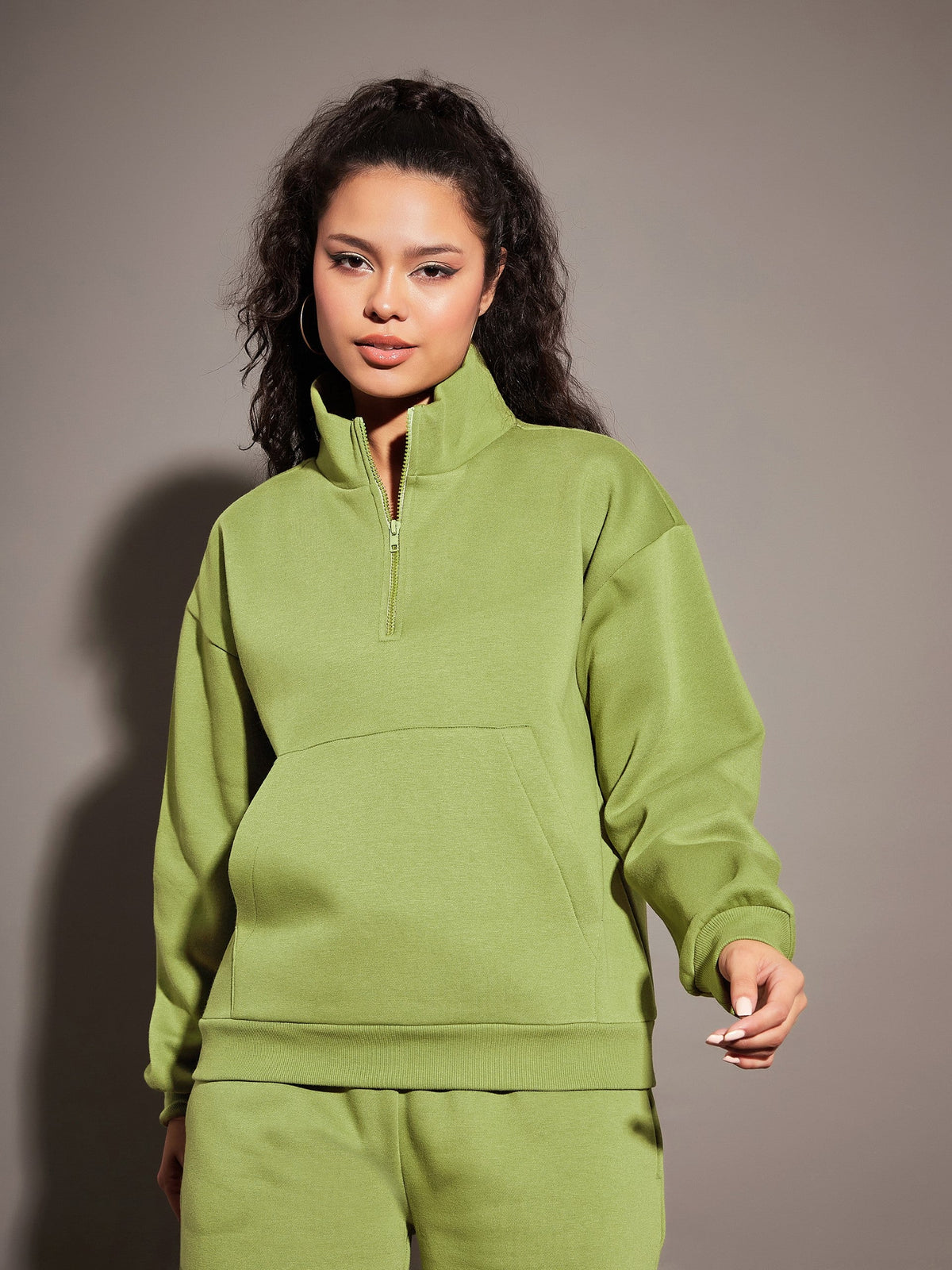 Olive Fleece Front Zipper Sweatshirt-SASSAFRAS