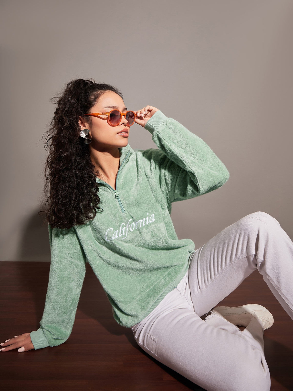 Green Fur CALIFORNIA Embroidered High Neck Sweatshirt-SASSAFRAS