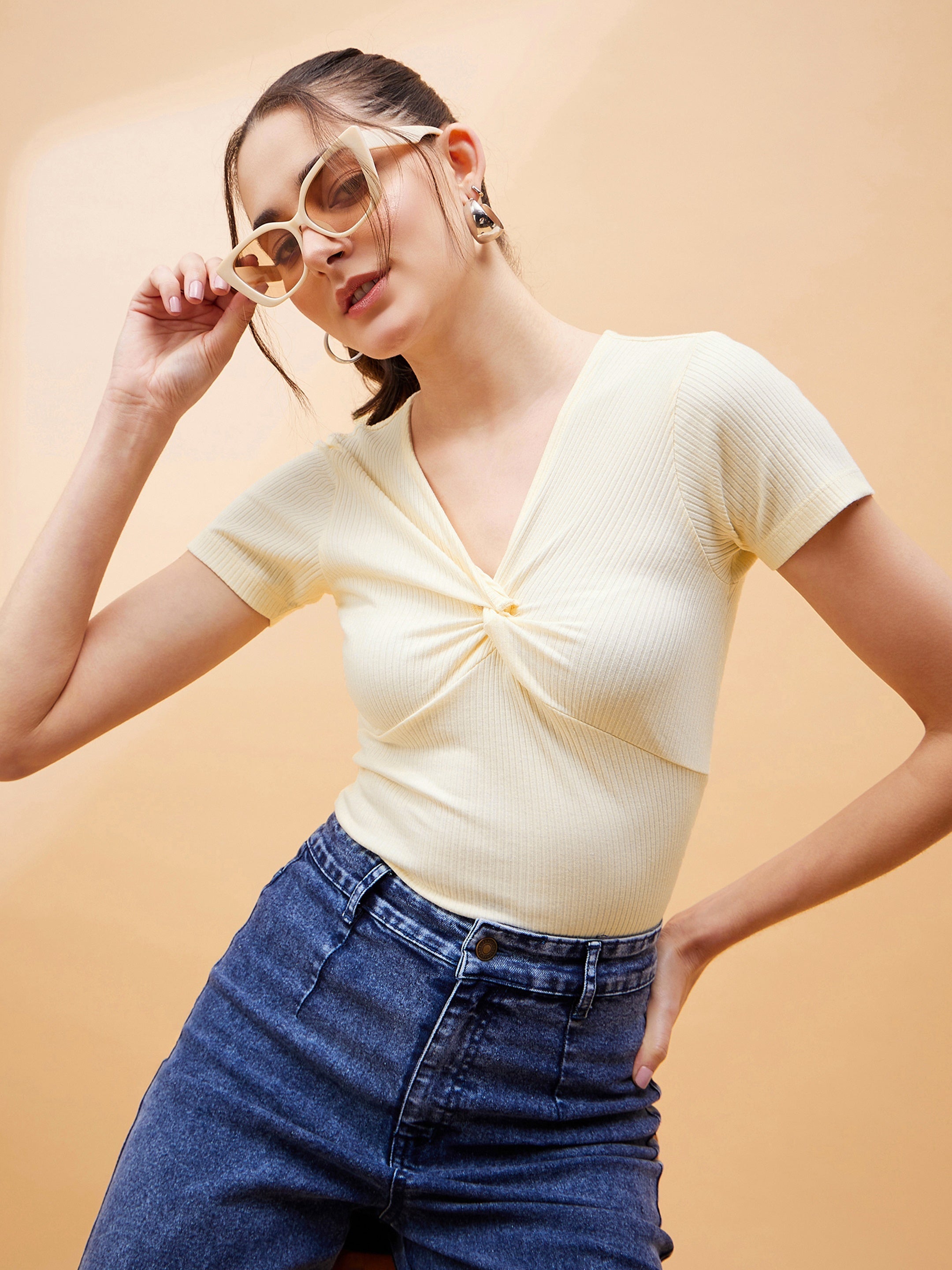 Women's Off White Wrap-Style Top with Textured V-Neckline