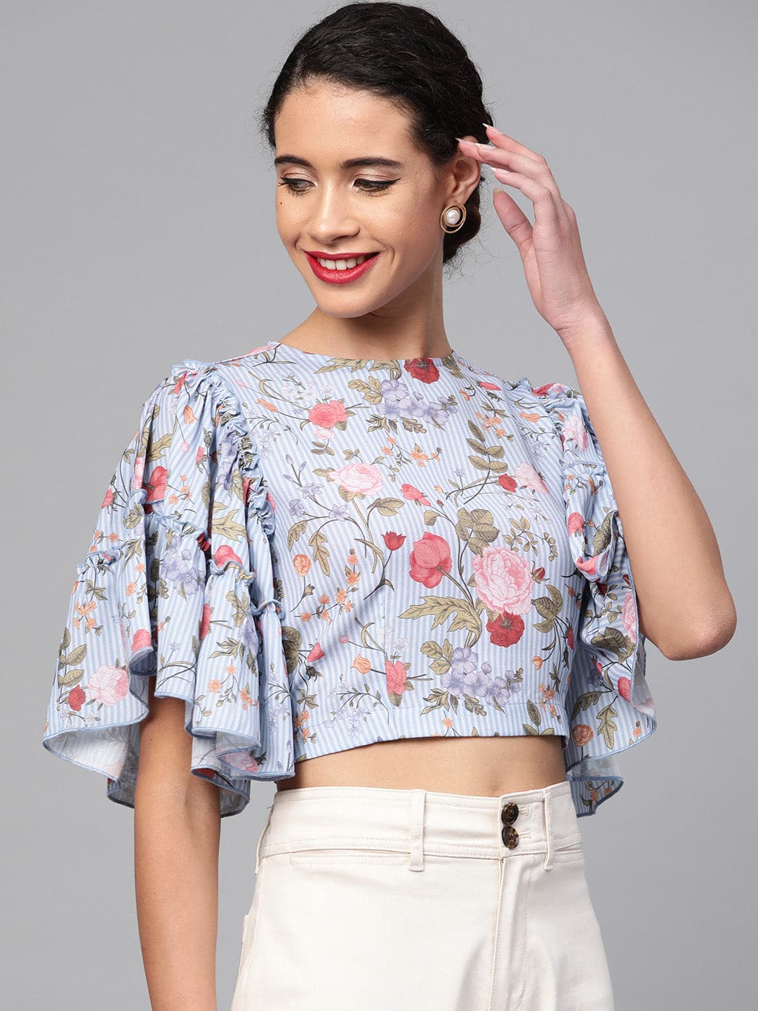 Blue Striped Floral Flare Sleeve Crop Top