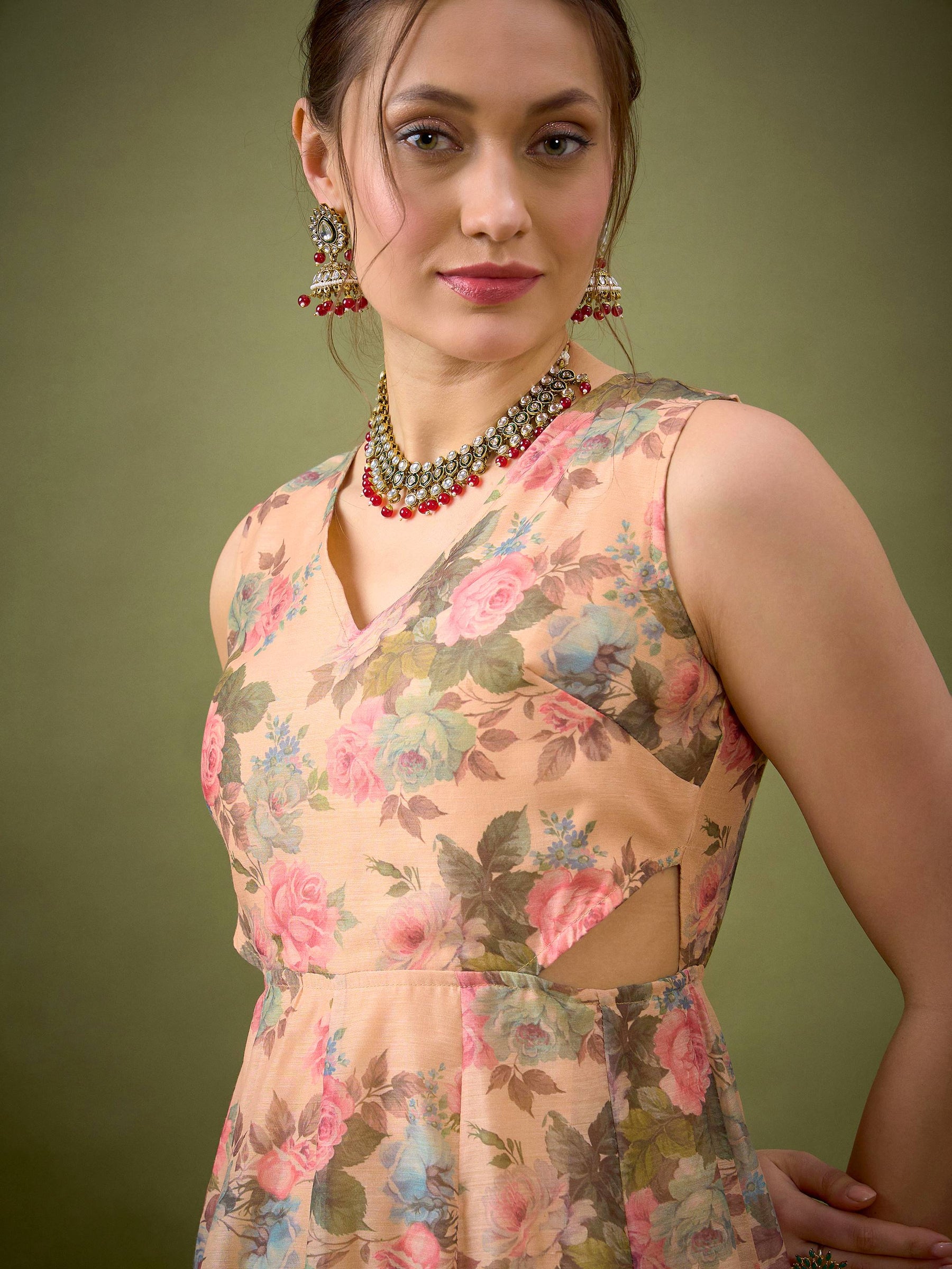 Beige Floral Side Cut Out Anarkali Dress-Shae by SASSAFRAS