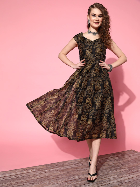 Buy Women Black Chanderi Floral Sweetheart Anarkali Dress Online