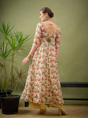 Peach Chanderi Floral Anarkali Maxi Dress-Shae by SASSAFRAS