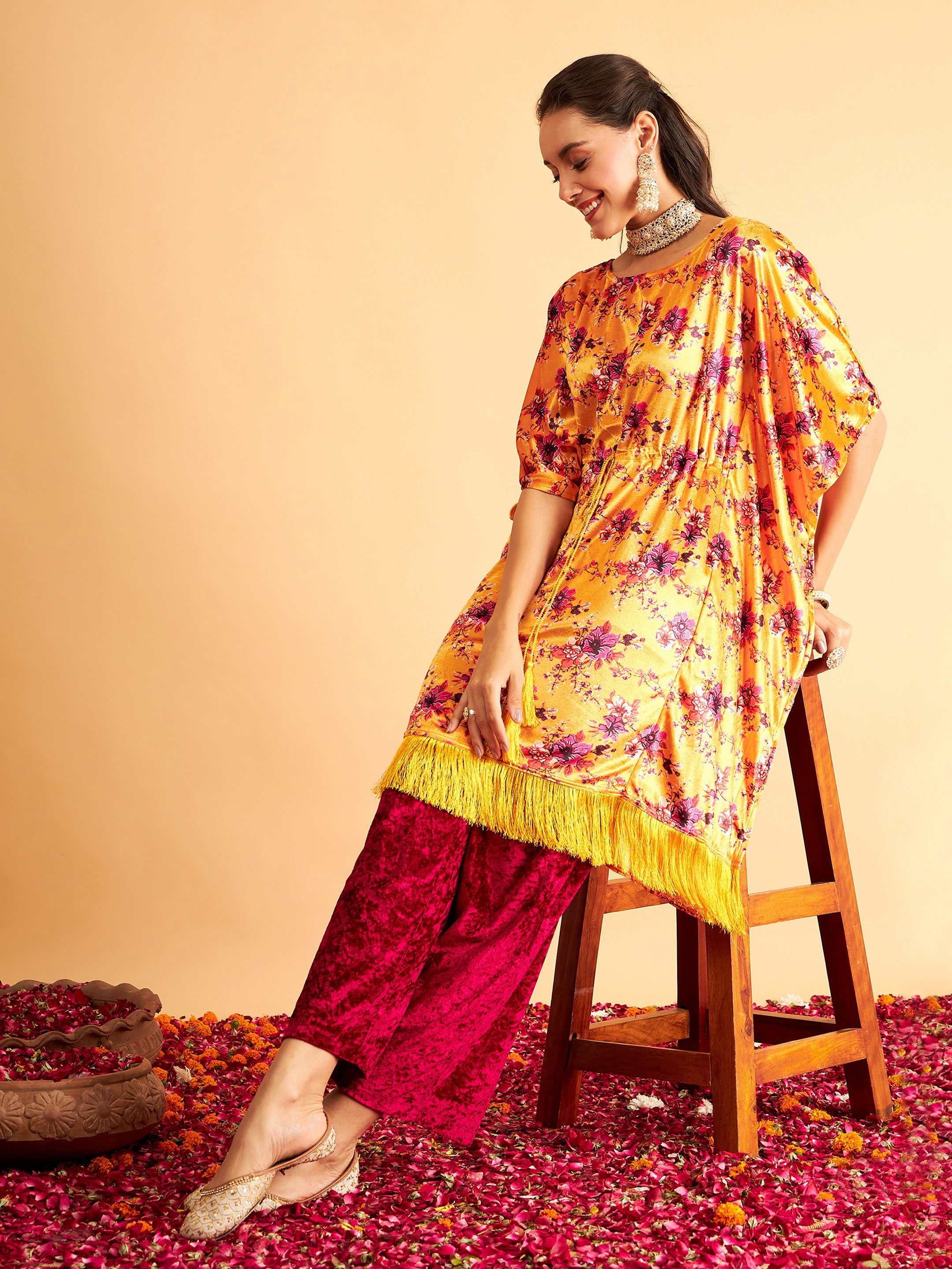 ORANGE FLORAL KAFTAN SHIRT & PANT CO-ORD SET main image 1