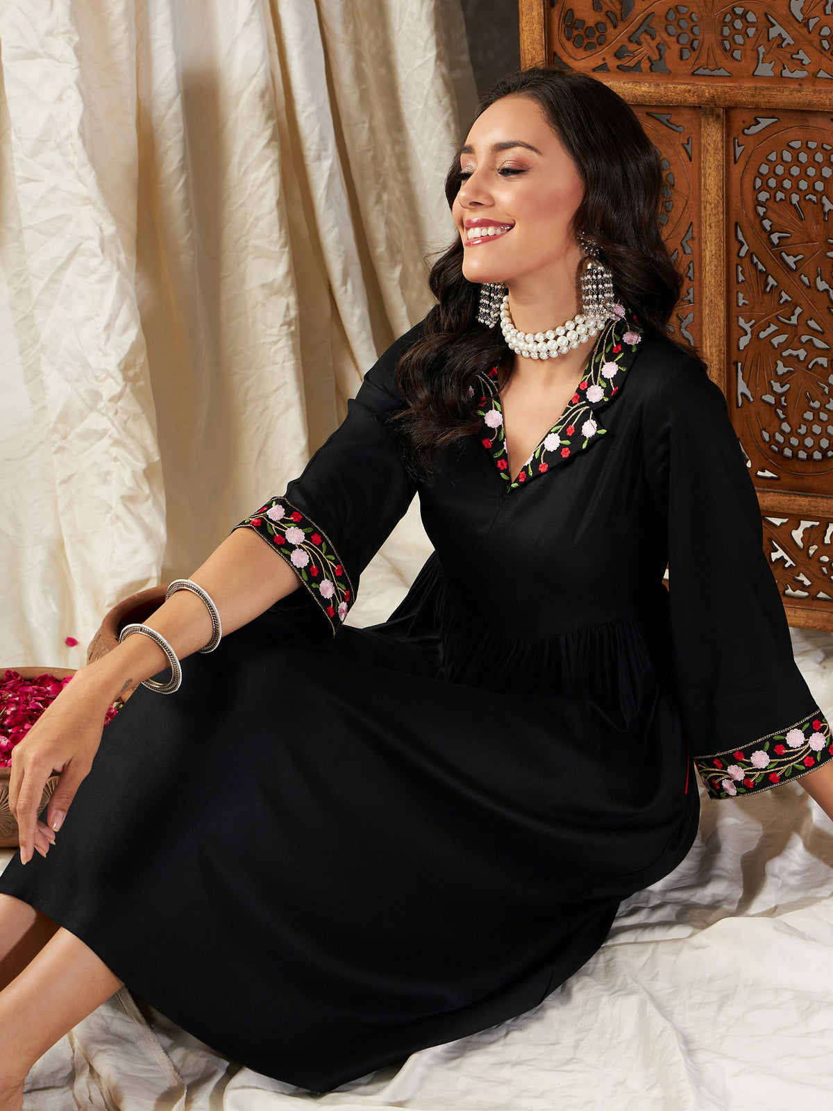 Black Embroidered Sleeve Gathered Dress-Shae by SASSAFRAS