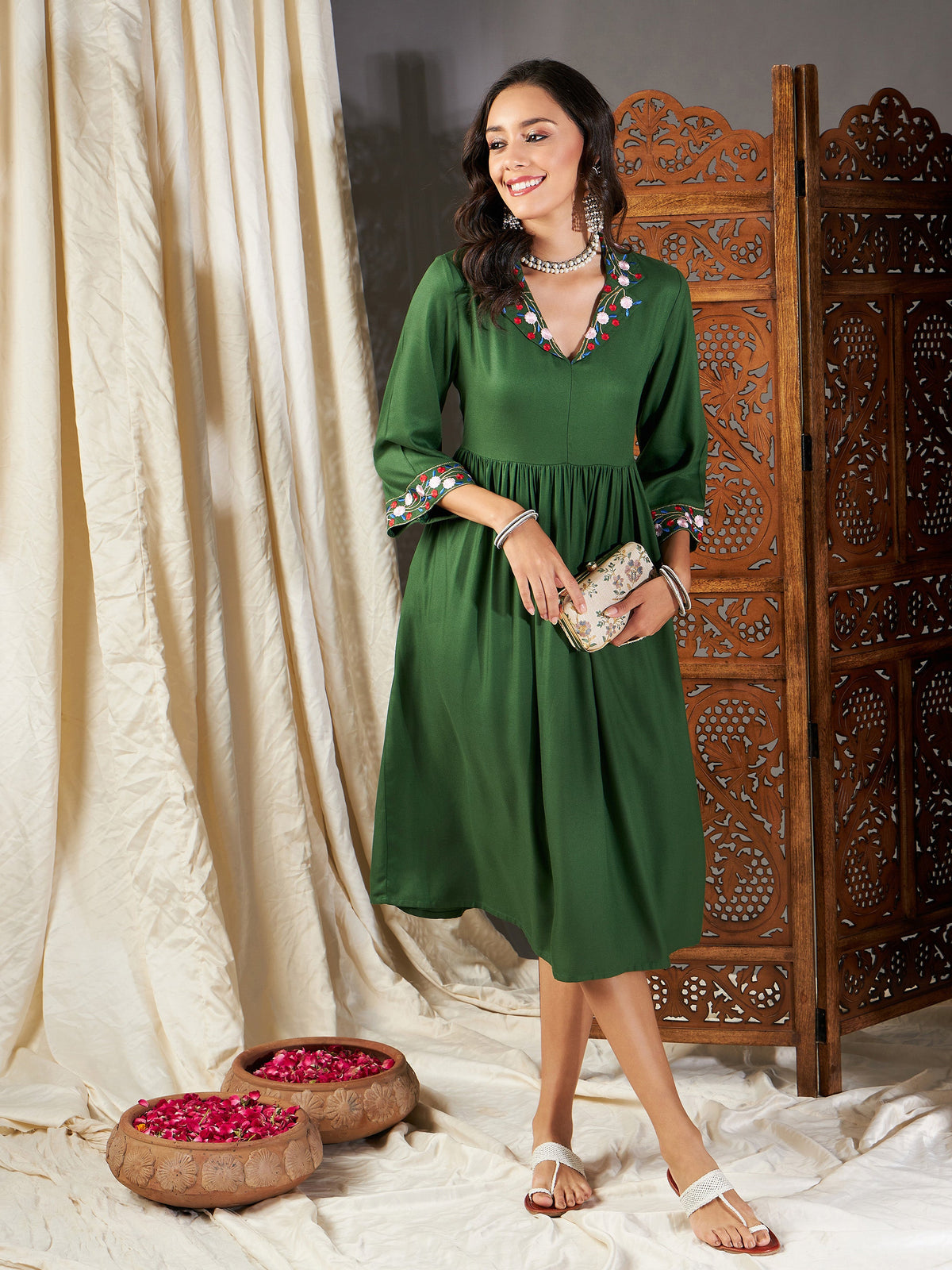 Green Embroidered Sleeve Gathered Dress-Shae by SASSAFRAS