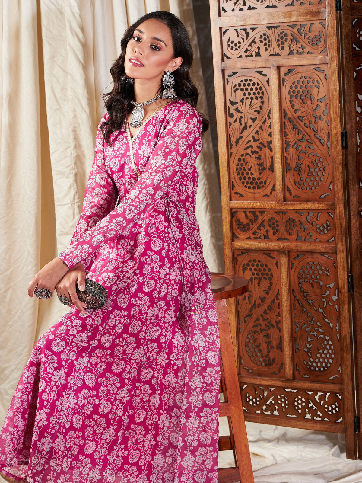 Pink Floral Wrap Anarkali Dress-Shae by SASSAFRAS